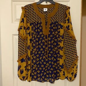 CAbi Harmony Top Blouse Sz L Excellent!! Golden Brown Navy Colors Style 3953
